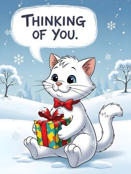 Cartoon white cat holding a gift box in a snowy winter scene  