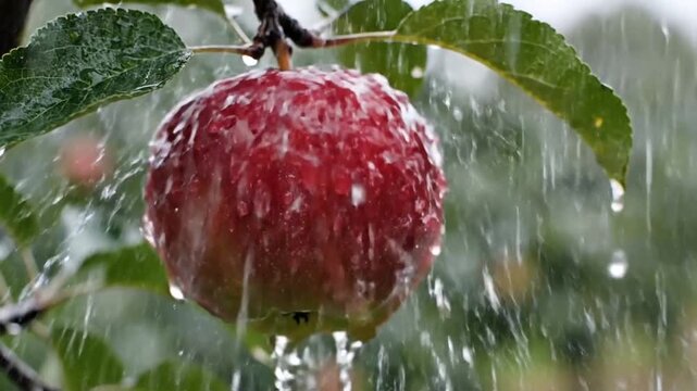 Fresh red apple hanging on tree branch under heavy water spray