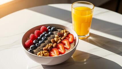 Healthy oatmeal porridge bowl with berries, nuts, chia seeds and orange juice. Balanced vegetarian breakfast on white marble table with sunny morning shadows. Diet and clean eating concept.