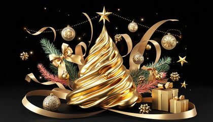 Karta świąteczna z symbolem świąt w postaci choinki bożonarodzeniowej, gwiazdy betlejemskiej, bombek i prezentów świątecznych.