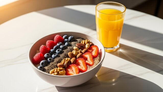 Healthy oatmeal porridge bowl with berries, nuts, chia seeds and orange juice. Balanced vegetarian breakfast on white marble table with sunny morning shadows. Diet and clean eating concept. - Powered by Adobe