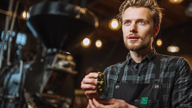 Barista stands in coffee shop with coffee roaster in background during busy afternoon hours in city center