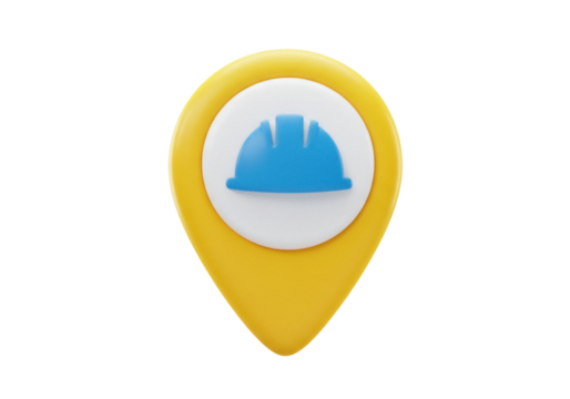 Yellow location pin with blue construction helmet isolated PNG, construction site marker for maps and navigation on transparent background - Powered by Adobe