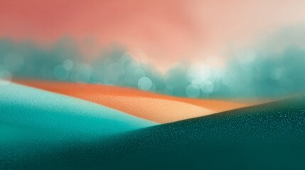 Abstract layered landscape with flowing hills in teal, peach and rust tones under dreamy starry sky with soft gradients and textures