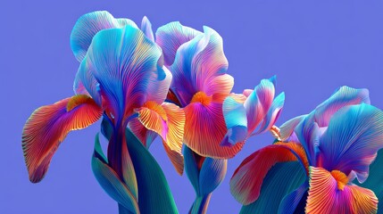 Vibrant Digital Painting of Surreal Iris Flowers in Fantasy Garden with Symmetrical Composition, Rich Colors, and Intricate Petal Details