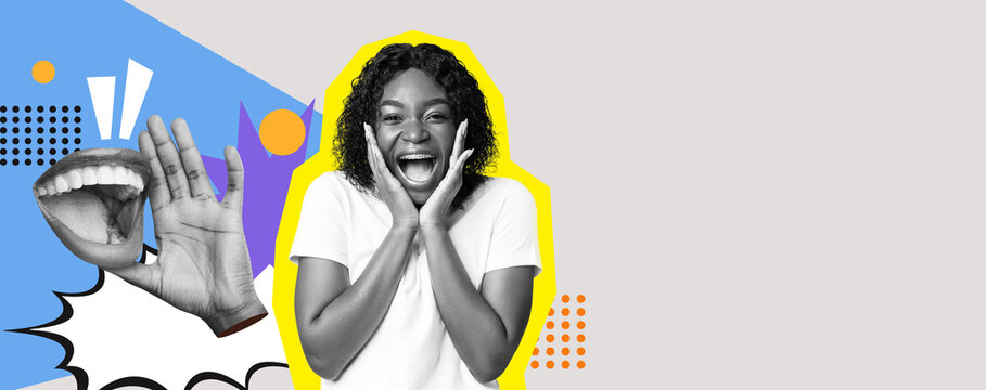 A vibrant collage showcases a joyful woman expressing excitement with her hands on her cheeks. Colorful design elements amplify the energy of the scene, creating an engaging visual experience.