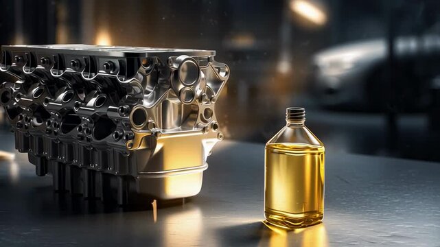 Close-up of car engine block and bottle of motor oil. Cinematic shot in modern garage with golden light. Automotive technology and vehicle maintenance concept. Auto repair service, lubricant industry