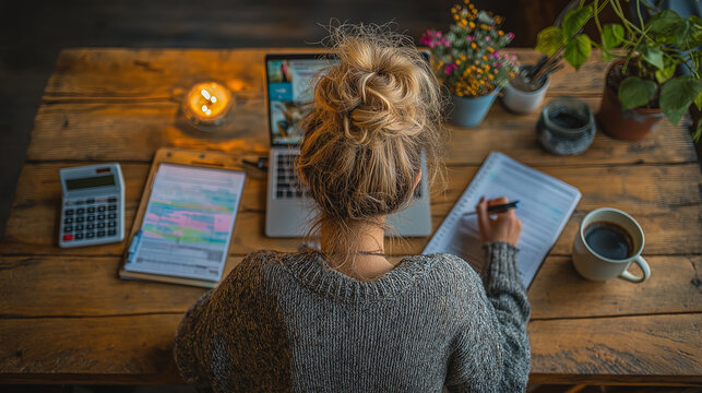 A cozy workspace with a woman jotting notes in a chunky sweater, surrounded by a laptop, coffee, a calculator, and plants, creating a serene study atmosphere.