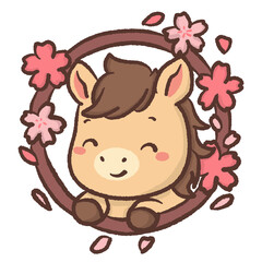 Cute kawaii chibi horse framed by cherry blossom wreath pastel spring illustration sweet smiling pony clipart for stickers invitations nursery decor and digital use