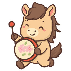Cute kawaii chibi horse playing sakura drum pastel spring festival illustration happy pony clipart for stickers planners cards kids art and digital projects