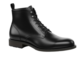 Elegant black leather ankle boot isolated PNG, classic lace-up footwear for fashion and formal wear on transparent background