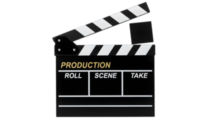 Clapper board with production text isolated on a transparent background production clapper board