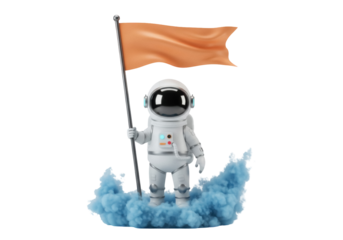 Astronaut with orange flag isolated PNG on transparent background, spaceman in space suit standing on blue cloud, futuristic explorer