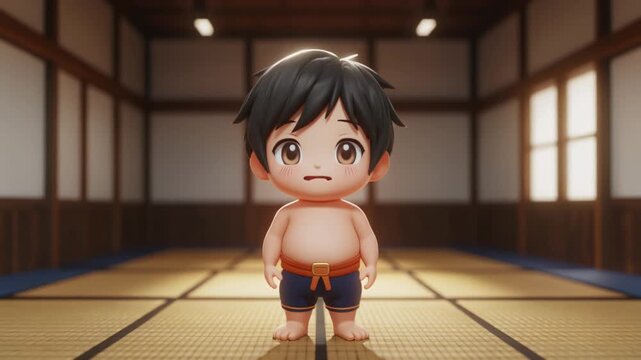 Cute 3D anime chibi boy character stands in a traditional Japanese sumo dojo, ready for martial arts training