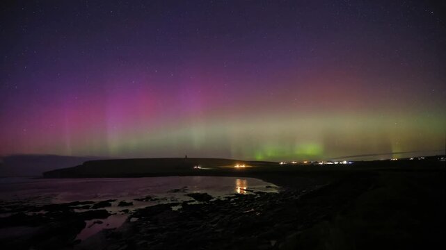 the northern lights over kitchener's memorial and mawick bay in 4k.