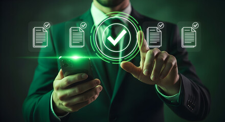 Businessman interacting with digital checklist on smartphone in dark background