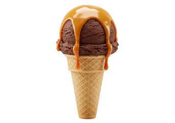 Chocolate ice cream cone with caramel sauce isolated PNG, delicious dessert on transparent background for summer treats and sweet indulgence