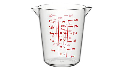 Clear glass measuring cup with red markings isolated on a transparent background kitchen