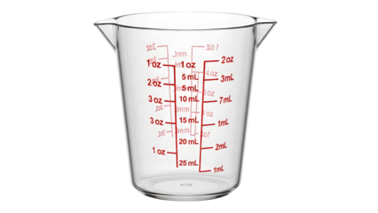 Clear glass measuring cup with red markings isolated on a transparent background kitchen