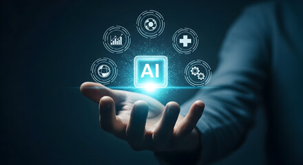 Person holding AI technology symbol with various icons floating above