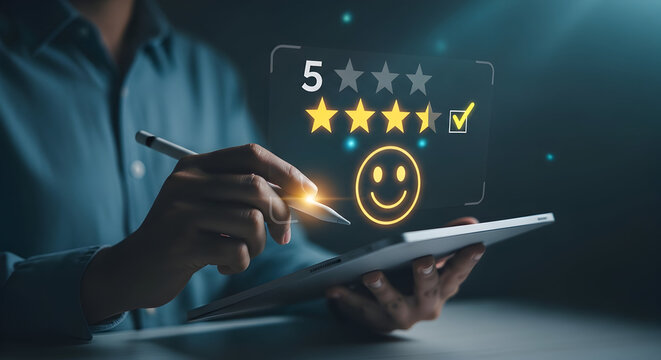 Man giving high rating on tablet with glowing smiley face