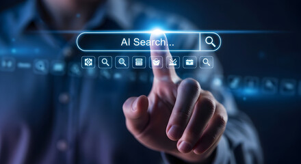 Man interacting with AI search interface with glowing icons