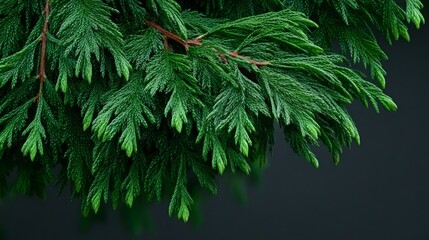 A close up of a green leafy branch of a tree. The branch is full of leaves and has a dark background