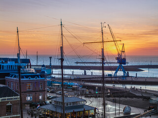 Aerial drone view of Harlingen harbour at sunset