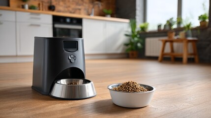 A black automatic feeder with a silver bowl of food next to it. The bowl of food is on a wooden floor