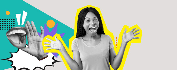 A joyful woman with a big smile gestures excitedly against a bright and colorful backdrop featuring geometric patterns. Her lively expression adds energy to the cheerful composition.