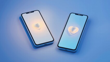 Two smartphones on blue background displaying heart shapes  