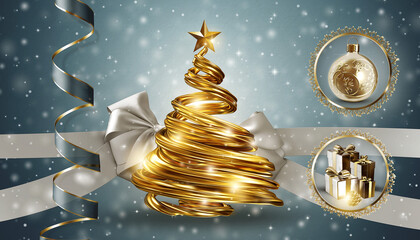 Karta świąteczna z symbolem świąt w postaci choinki bożonarodzeniowej, gwiazdy betlejemskiej, bombek i prezentów świątecznych.