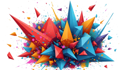 Colorful geometric shapes explosion with paint splatters isolated on a transparent background