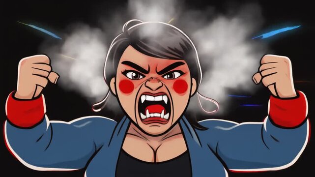 An angry woman expresses extreme fury and stress, shouting with powerful clenched fists in a dynamic and animated cartoon vector illustration
