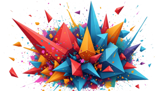 Colorful geometric shapes explosion with paint splatters isolated on a transparent background - Powered by Adobe