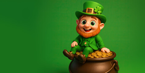 St Patrick's Day Leprechaun Sitting on a Pot of Gold on a Green Background with Space for Copy