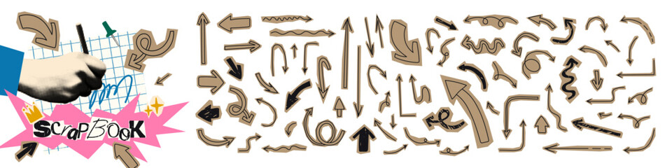 Collage elements set, cut out of craft paper hand drawn doodle arrows collection. Clipping funky elements for scrapbook. Modern vector illustration isolated on transparent background