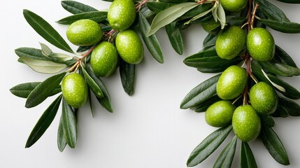 A bunch of green olives hanging from a tree. The olives are green and have a shiny, smooth texture. The leaves are green and have a pointed tip. Concept of freshness and natural beauty
