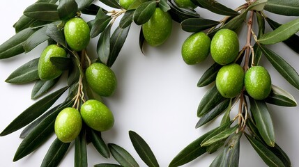 A bunch of green olives hanging from a tree branch. The olives are green and shiny, and they are arranged in a circular pattern. Concept of freshness and abundance, as the olives are ripe