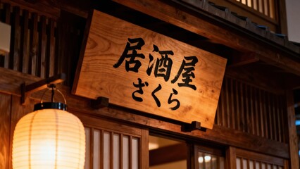 Japanese izakaya sign with lantern and wooden decor at nighttime  