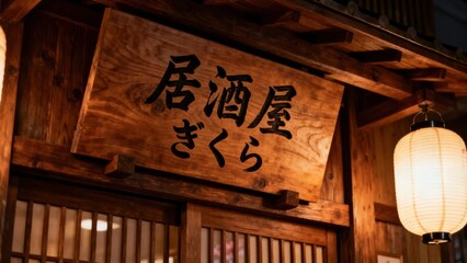 Japanese izakaya restaurant sign with lantern at night  