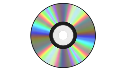 Compact disc showing rainbow diffraction pattern with central hub and circular data tracks isolated on a transparent background