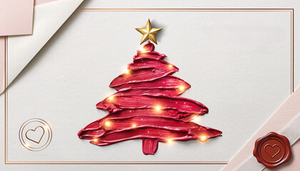 Karta świąteczna z symbolem świąt w postaci choinki bożonarodzeniowej, gwiazdy betlejemskiej, bombek i prezentów świątecznych.