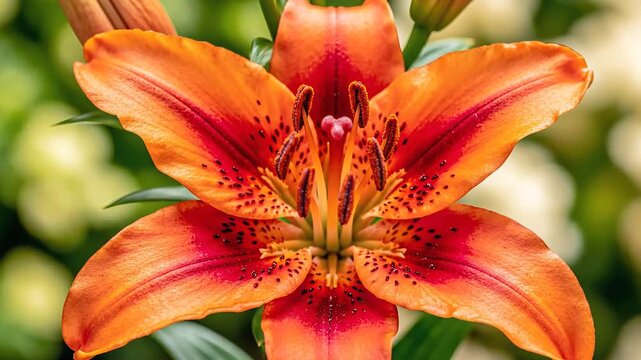 Close up of a vibrant orange lily flower in full bloom with delicate petals and intricate details.