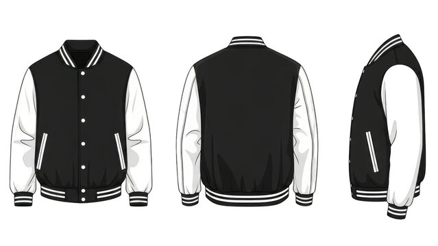 A detailed illustration of a classic black and white varsity jacket