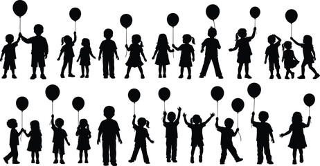 Children with balloons, playful silhouettes, festive scene, joyful posture, black vector art, celebration concept, outdoor activity, illustration, design element