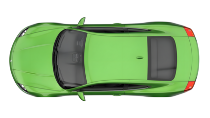Down view of a bright green sedan with tinted windows and rear spoiler isolated on a transparent background