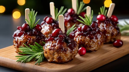 A plate of meatballs with cranberries on top. The cranberries are arranged in a way that they look like a Christmas tree