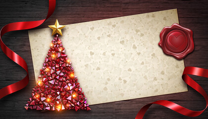 Karta świąteczna z symbolem świąt w postaci choinki bożonarodzeniowej, gwiazdy betlejemskiej, bombek i prezentów świątecznych.