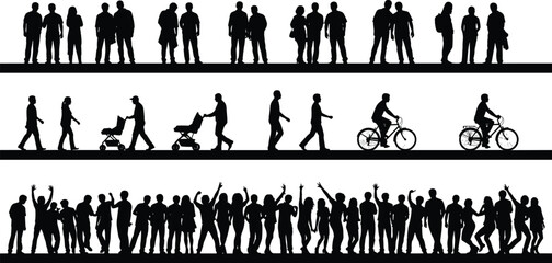 Group activity silhouettes, walking and cycling figures, celebration crowd, black vector art, public interaction, social motion, illustration, design element